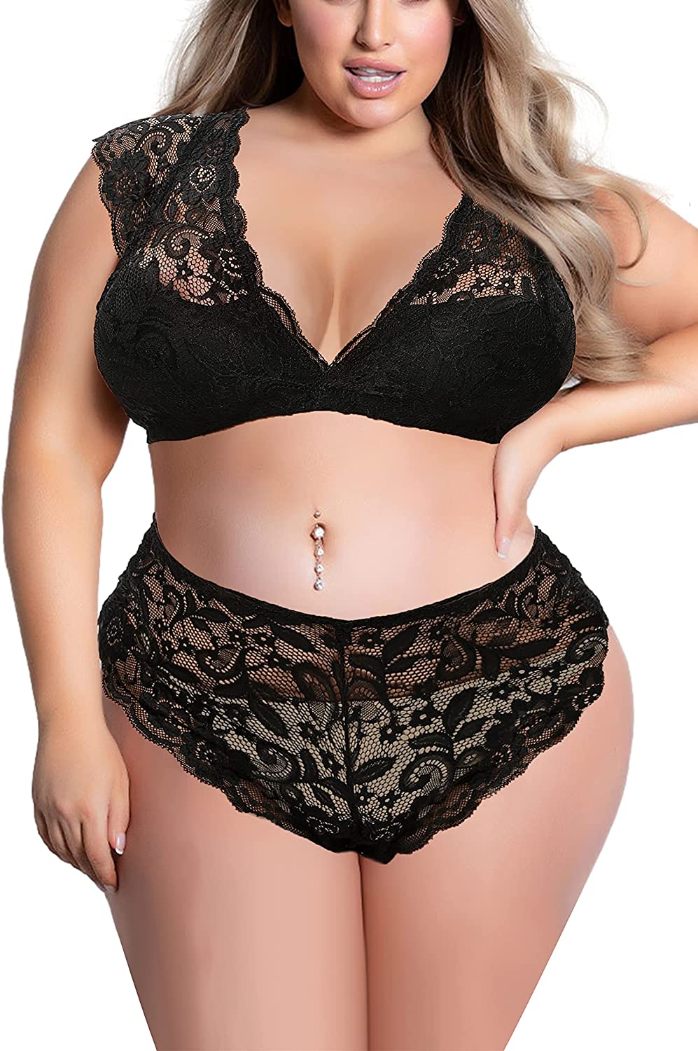Price:$14.88 2 Piece Plus Size Lingerie Set, Allover Lace Bralette Lined Bra High Wasit Panty Cap Sleeve Stretchy Underwear: Clothing, Shoes & Jewelry