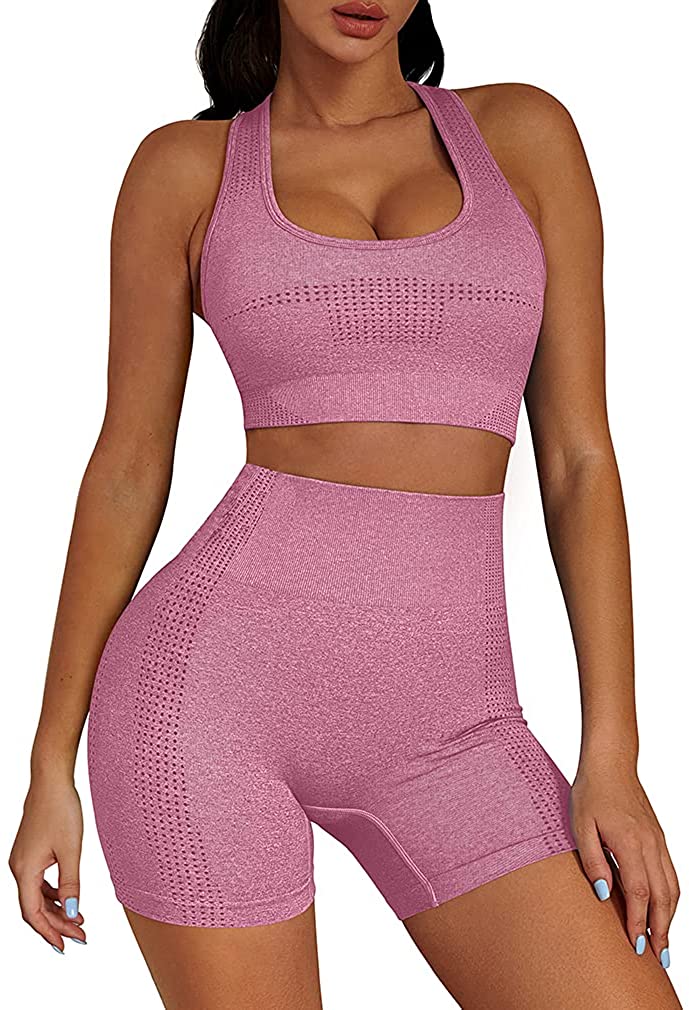 Price:$16.99 Women Outfit Leisure 2 Piece Workout Seamless Yoga Gym Shorts Racerback with Sports Bra Set at Amazon Women’s Clothing store