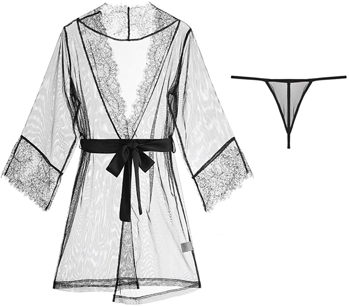 Price:$19.99 Sexy Lingerie See Through Kimono Robe Lace Babydoll Sheer Soft Nightgown (Black): Clothing, Shoes & Jewelry