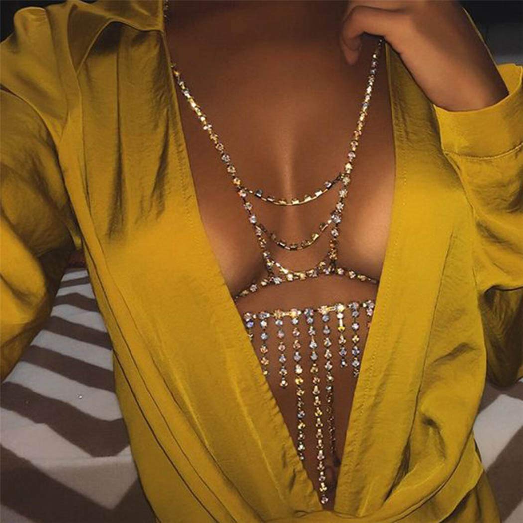 Price:$9.66 Boho Crystal Body Chain Bra Silver Sexy Beach Belly Body Chains Bikini Jewerly for Women and Girls : Clothing, Shoes & Jewelry
