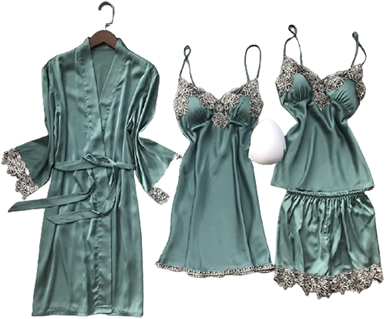 Price:$25.99 Women's 4pcs Pajamas Sets Satin Silk Lace Sleepwear for Women with Chest pads Sexy Solid Color Robe Nightwear : Clothing, Shoes & Jewelry