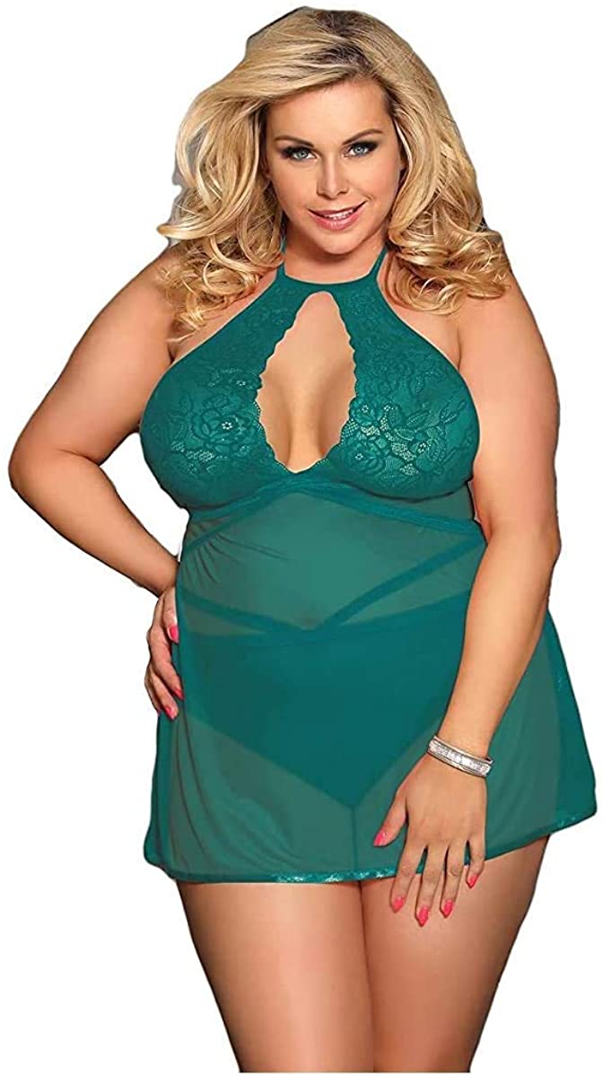 Price:$13.99 Hour Plus Size Elegant Green Lace Backless Sexy Babydoll Lingerie Set, Green at Amazon Women’s Clothing store