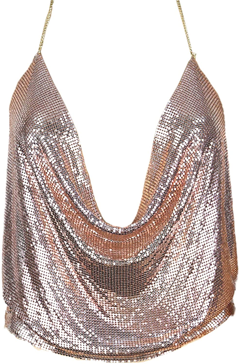Price:$12.99 Women's Sexy Metallic Sequin Body Chain Shimmer Backless Halter Crop Top Adjustable Harness Bikini Chest Chain (Rose Gold) at Amazon Women’s Clothing store