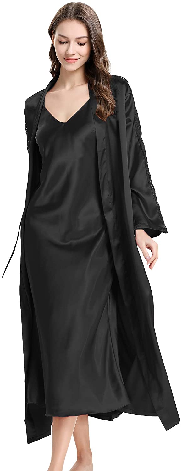 Price:$43.99 2 Piece Women Satin Nightgowns and Robe Set Sexy Silk Slip Dress Chemise Nightdress at Amazon Women’s Clothing store
