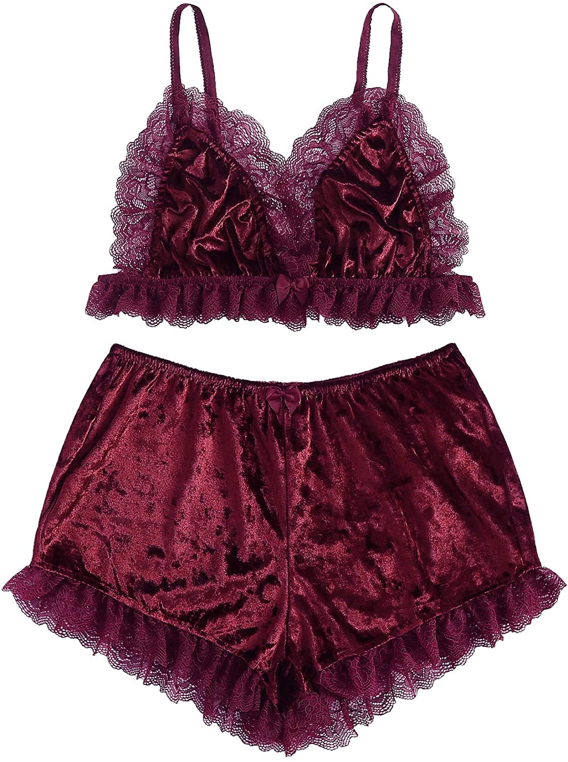 Price:$19.99 Women's Lace Trim Sleepwear Bralette and Shorts Velvet Pajama Set at Amazon Women’s Clothing store