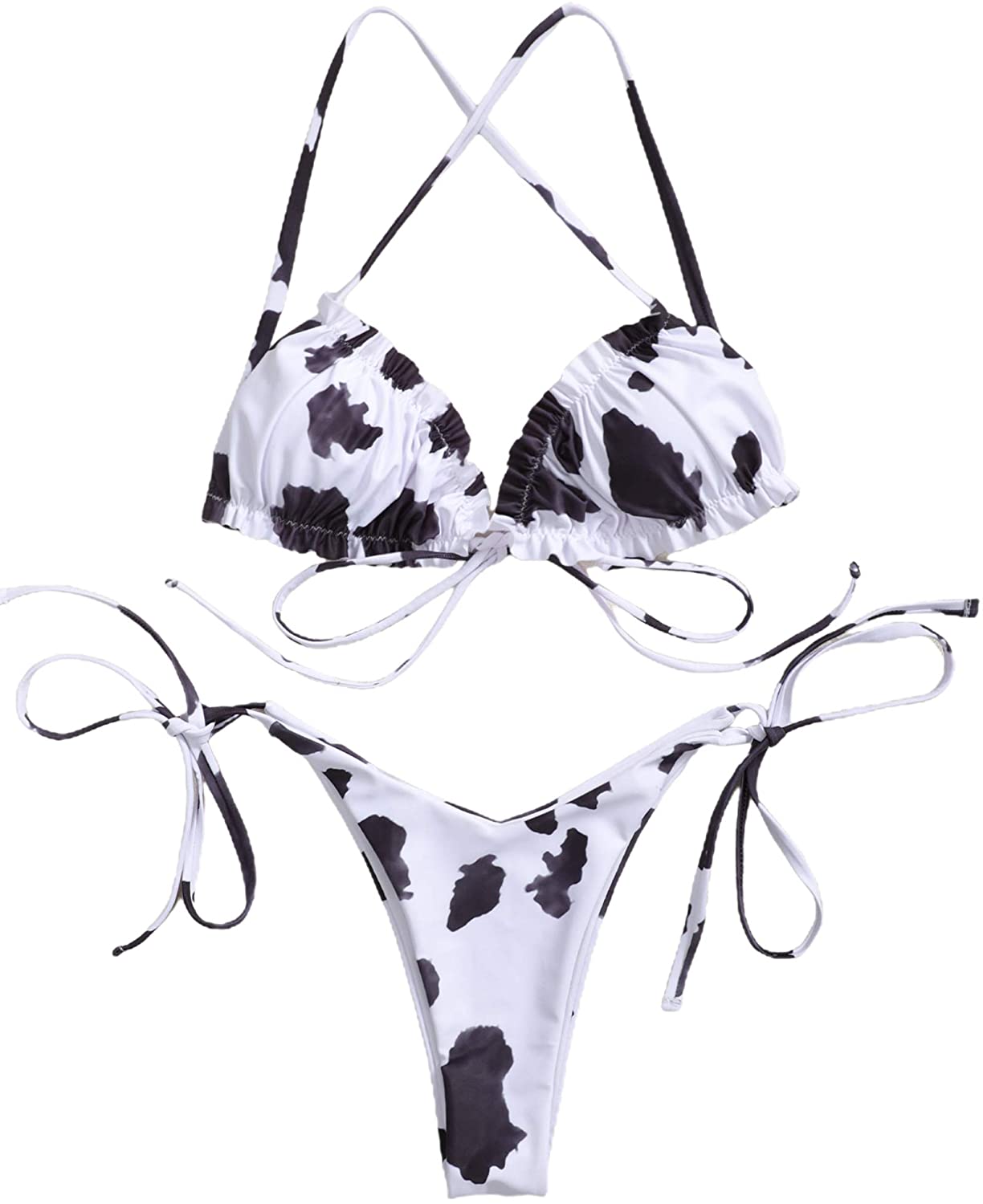 Price:$12.99 Women's Cow Print Halter Frill Tirm Tie Side Triangle String Thong Bikini Set 2 Piece Swimsuit : Clothing, Shoes & Jewelry