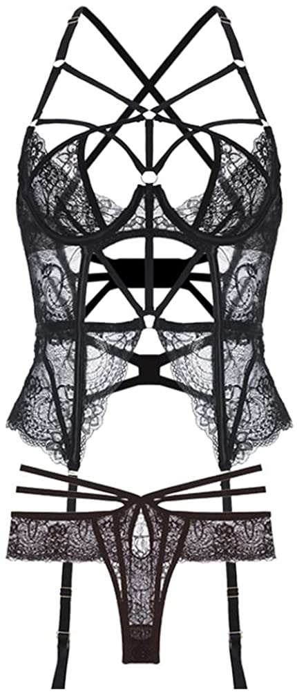 Price:$26.99 Women Lingerie Set Lace Teddy Strap Babydoll Bodysuit with Garter Belts: Clothing, Shoes & Jewelry