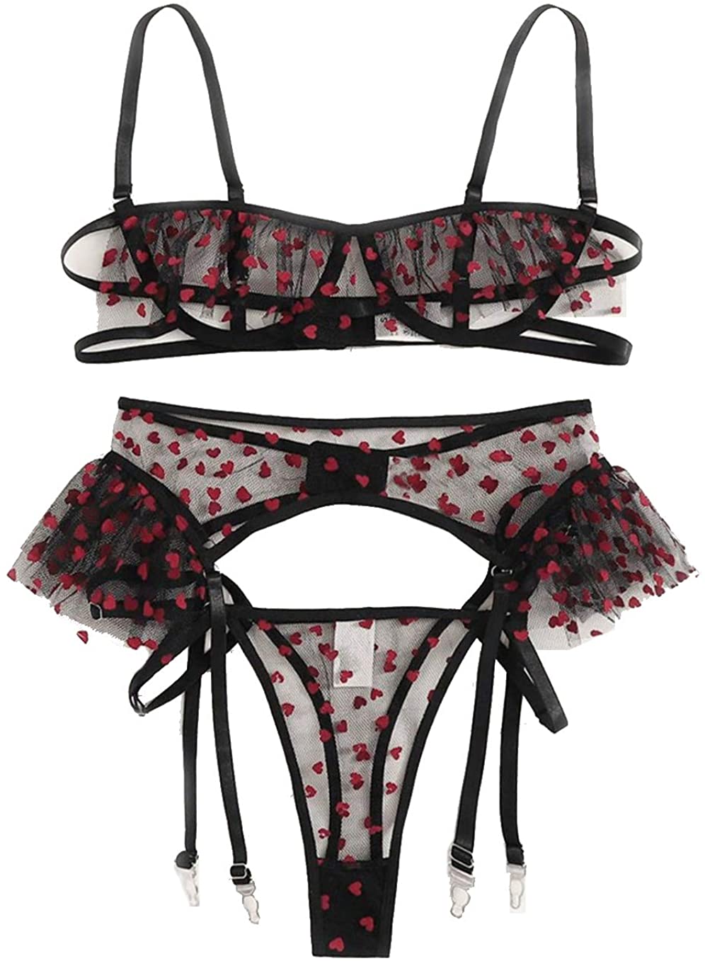 Price:$15.99 Women's Cute 3 Pieces Underwire Lingerie Set Mesh Ruffle Bra and Panty with Garter: Clothing, Shoes & Jewelry
