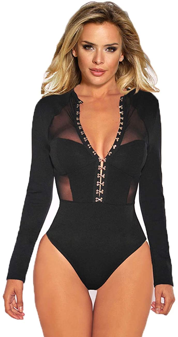 Price:$19.99 Women Long Sleeve Bodysuit Lace Leotard Teddy Lingerie Thong Bodysuit Jumpsuit Clubwear Tops at Amazon Women’s Clothing store