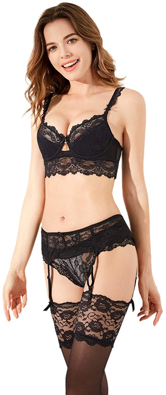 Price:$26.99 Lingerie Set for Women Push Up Bra and Panty Set and Garter Stockings Gloves 6 Piece at Amazon Women’s Clothing store