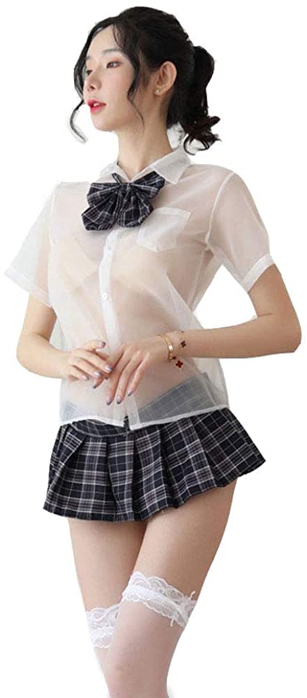 Price:$15.99 Sexy Student Costumes Roleplay Fancy Dress Outfit Lingerie Mini Skirt Sheer Shirts with Stockings (Dark Blue): Clothing, Shoes & Jewelry