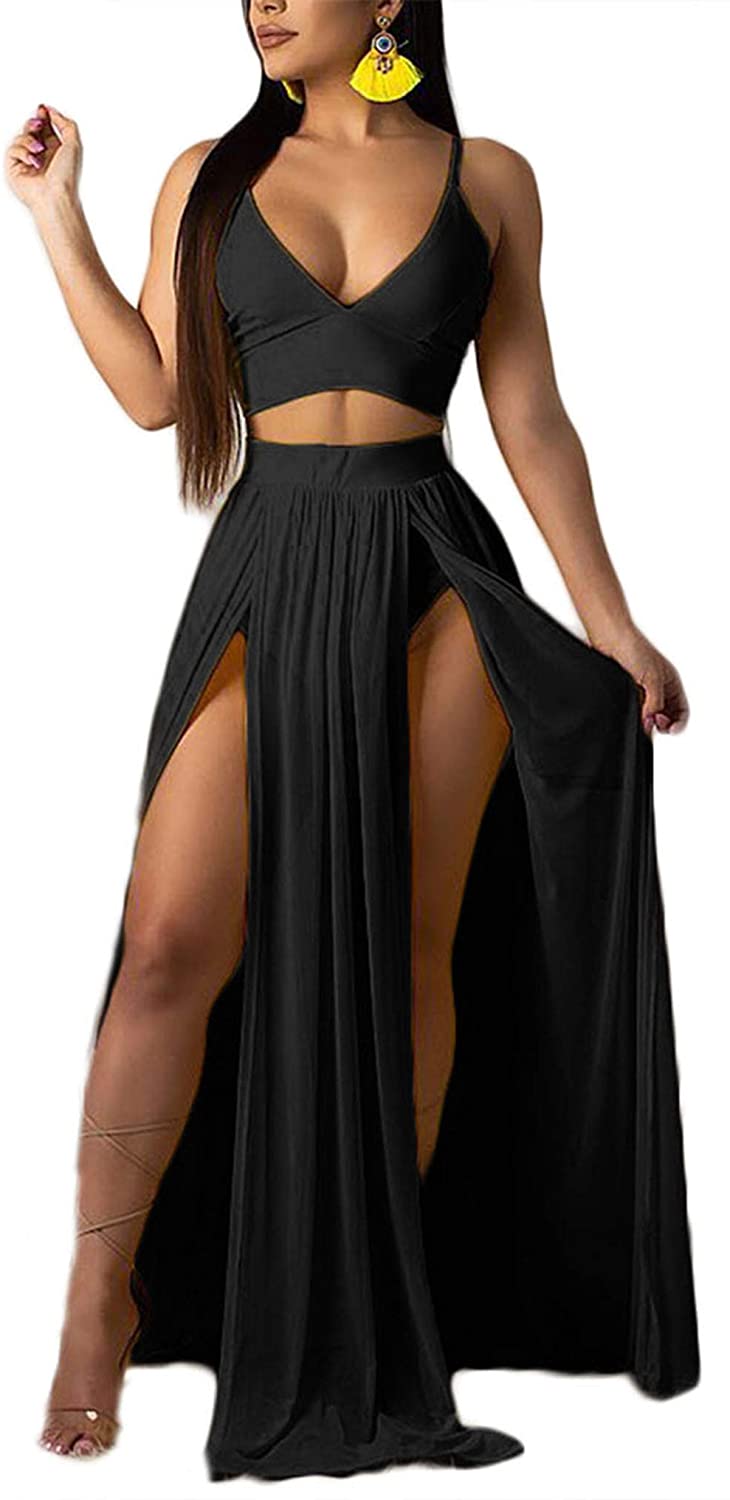 Price:$25.99 Sexy 2 Piece Outfits Dress Chiffon Strap Deep V Neck Bra Crop Top High Split Maxi Dresses Skirt Set at Amazon Women’s Clothing store