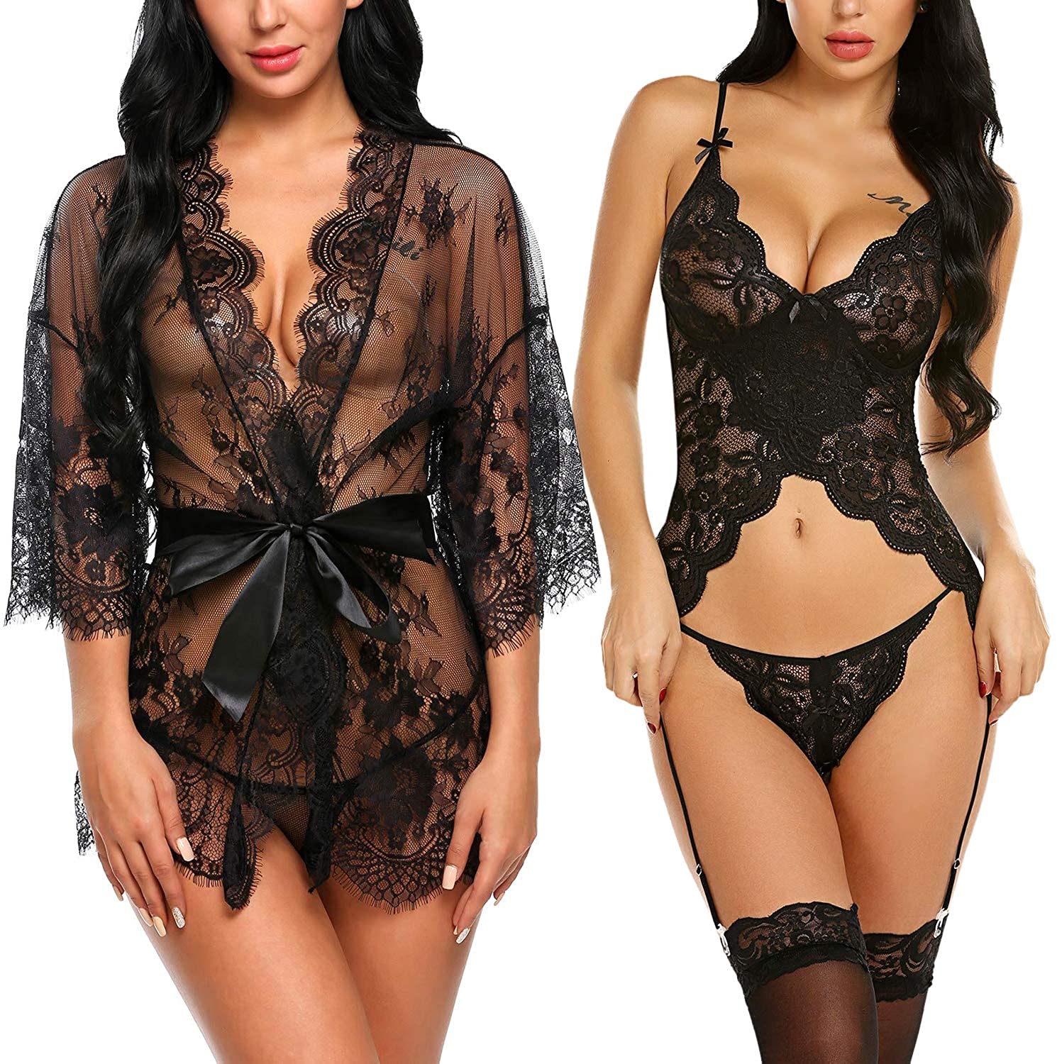 Price:$77.99 Women's Lace Kimono Robe Babydoll Chemise and Lingerie Set with Garter(Black, Large) at Amazon Women’s Clothing store