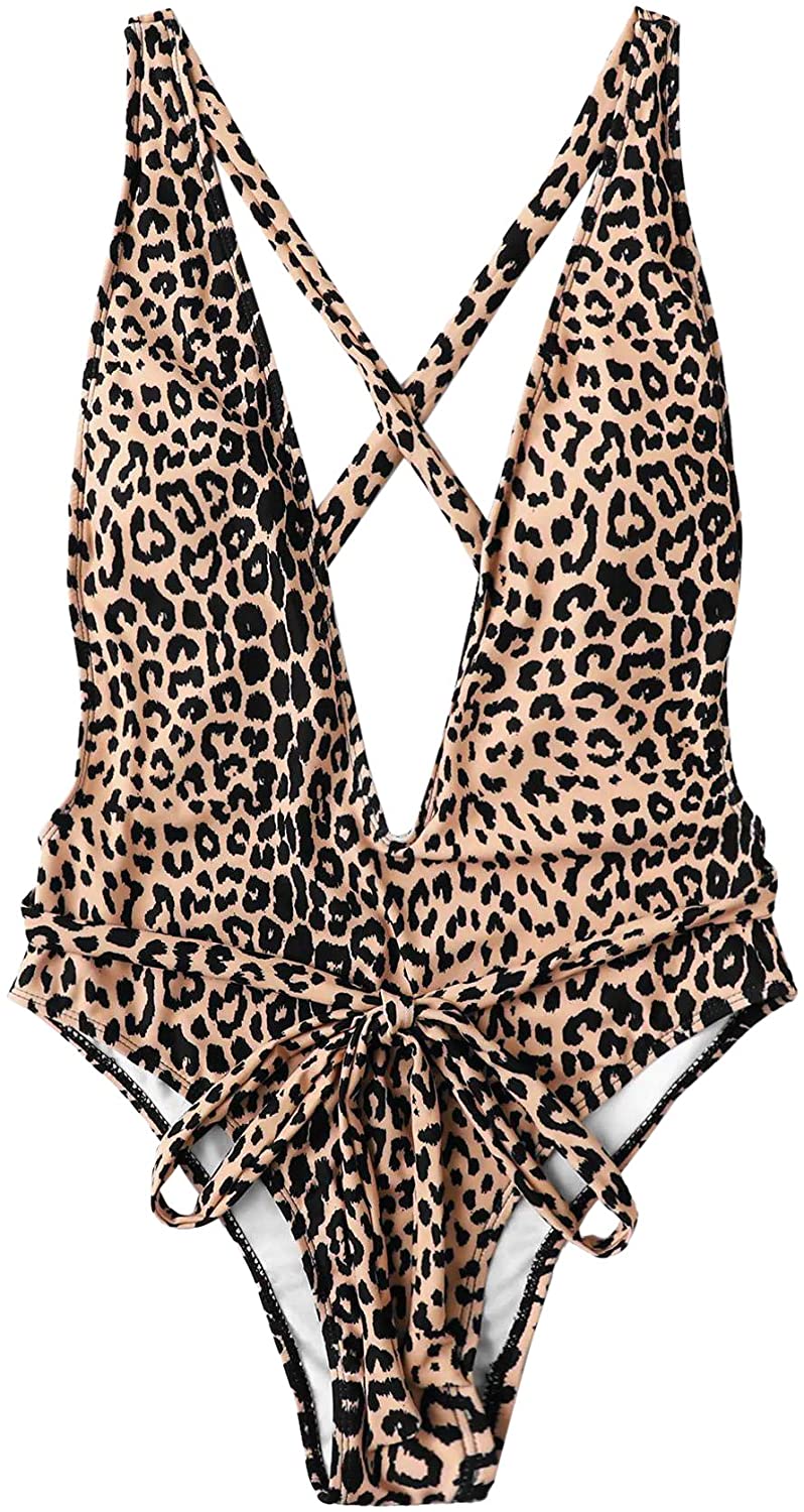 Price:$15.99 Women's Sexy Bathing Suits Criss Cross Tie Knot Front Deep V Open Back Leopard One Piece Swimwear at Amazon Women’s Clothing store