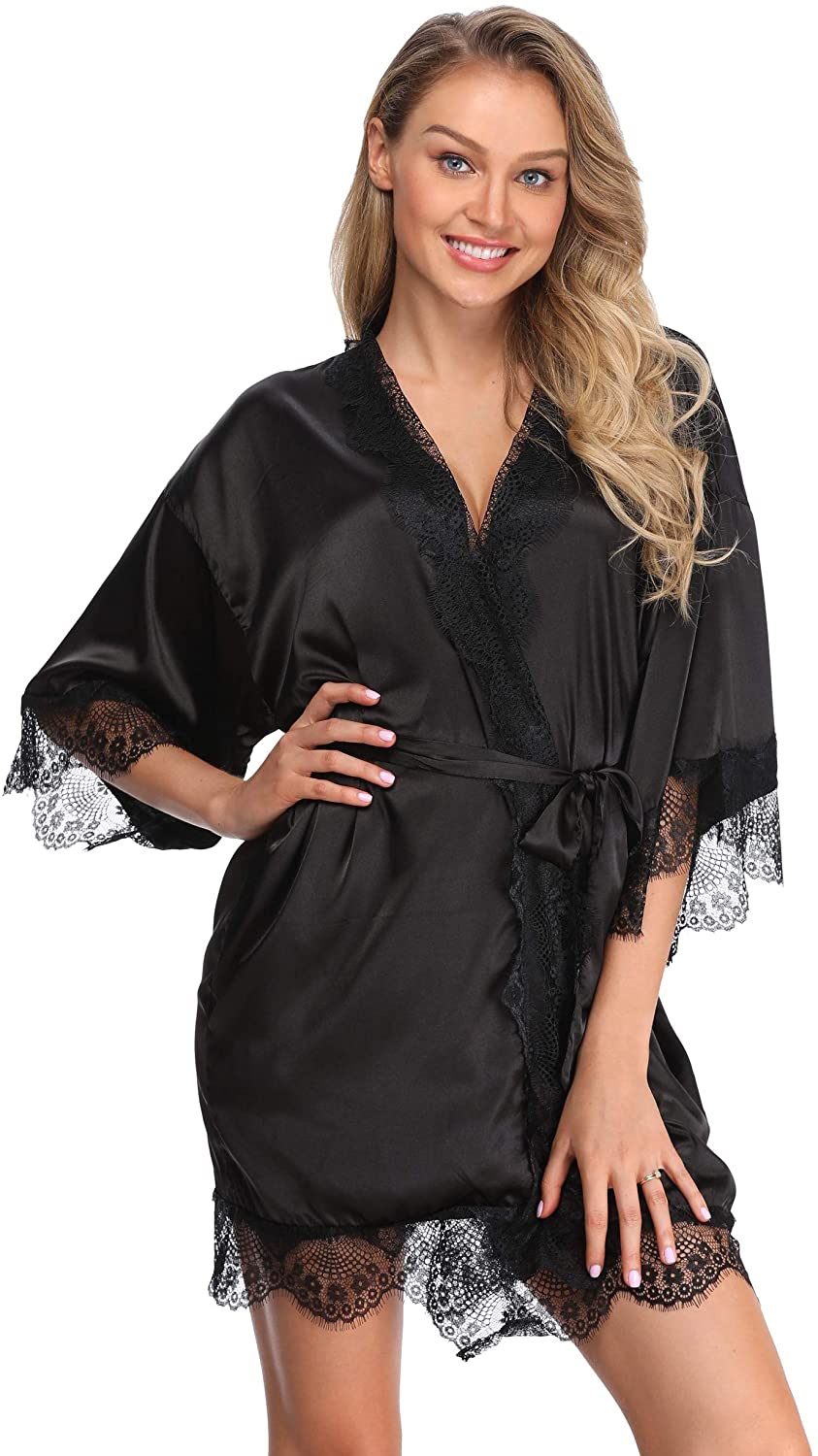 Price:$9.99 Silk Kimono Robe for Women Short Sleepwear Bride and Bridesmaid Bath Robe with Lace Trim at Amazon Women’s Clothing store