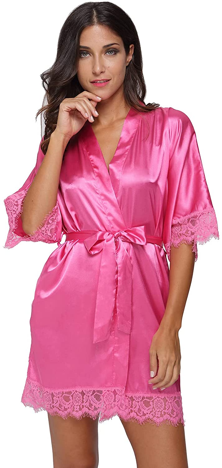 Price:$11.99 Kimono Robe Women Sleepwear Short Bridesmaid Bath Robes Wedding Party at Amazon Women’s Clothing store
