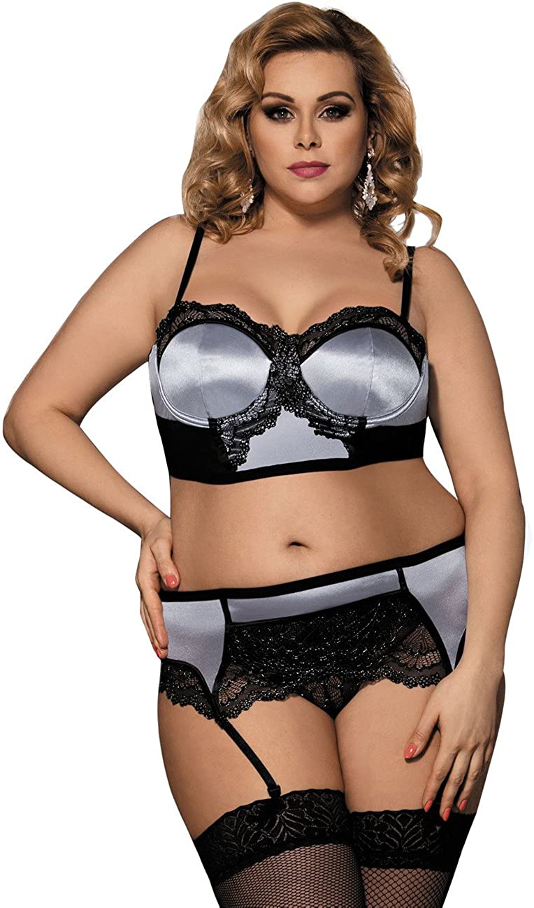 Price:$21.99 Lingerie Set with Garter Belts 3 Piece Plus Size Sexy Underwire Bra and Panty Sets Silver Medium: Clothing, Shoes & Jewelry