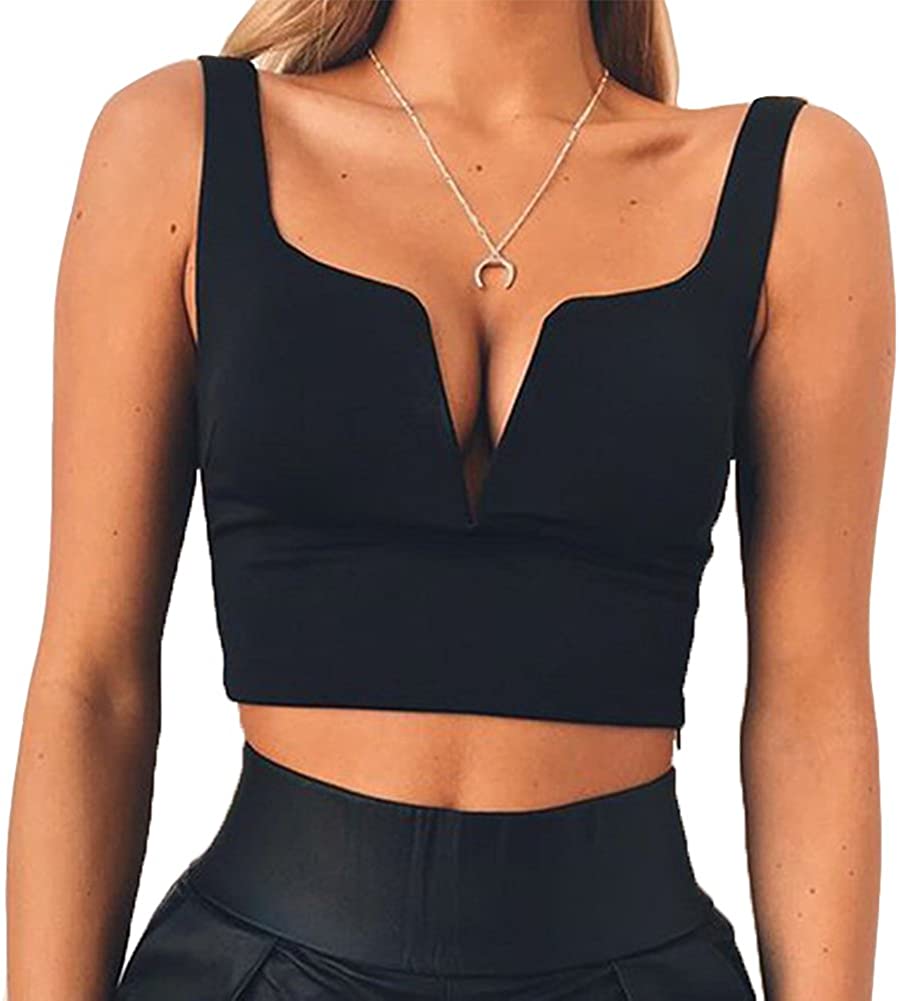 Price:$13.99 Women Sexy Deep V Neck Sleeveless T Shirt Slim Crop Top Side Zip Casual Tank Tops at Amazon Women’s Clothing store