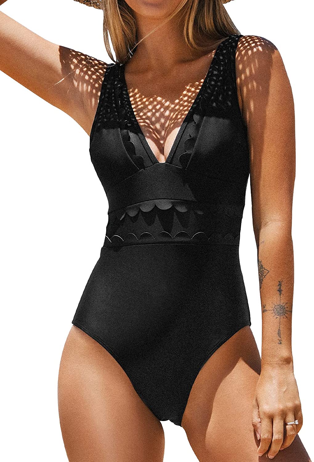 Price:$31.99 Women's One Piece Swimsuit V Neck Scalloped Trim Contrast Mesh Wide Straps Low Back at Amazon Women’s Clothing store