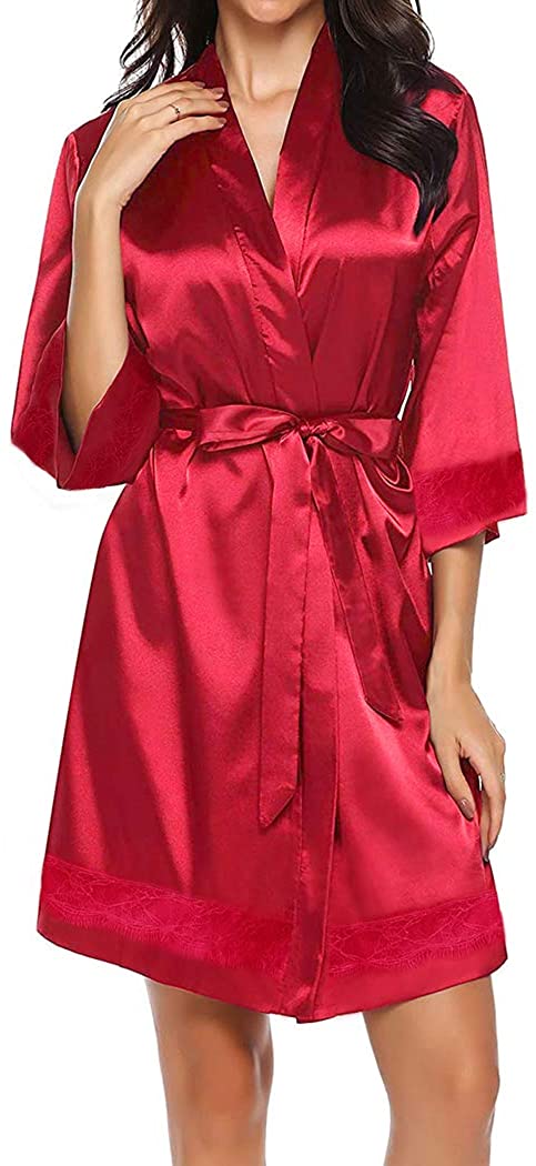 Price:$9.99 Women's Satin Kimono Robe with Lace Hem V-Neck Silky Bathrobe at Amazon Women’s Clothing store