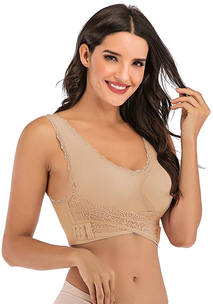 Price:$3.99 Comfort Seamless Lace Sports Bras for Women Front Cross Side Buckle Lounge Bra Removable Pads Athletic Tank Top at Amazon Women’s Clothing store