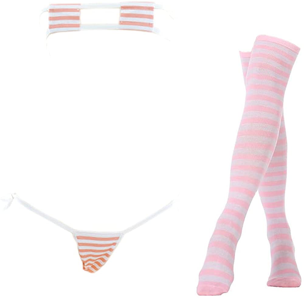 Price:$15.99 Sexy Lingerie Set for Women Japanese Anime Bikini Swimsuit Stripe with Striped Thigh High Socks (Pink Striped Square Bikini): Clothing, Shoes & Jewelry