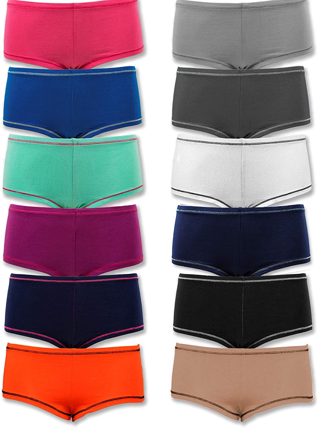 Price:$23.99 Basics Womens 12 Pack Grab Bag Cotton Spandex Boyshort Briefs, Colors May Vary at Amazon Women’s Clothing store