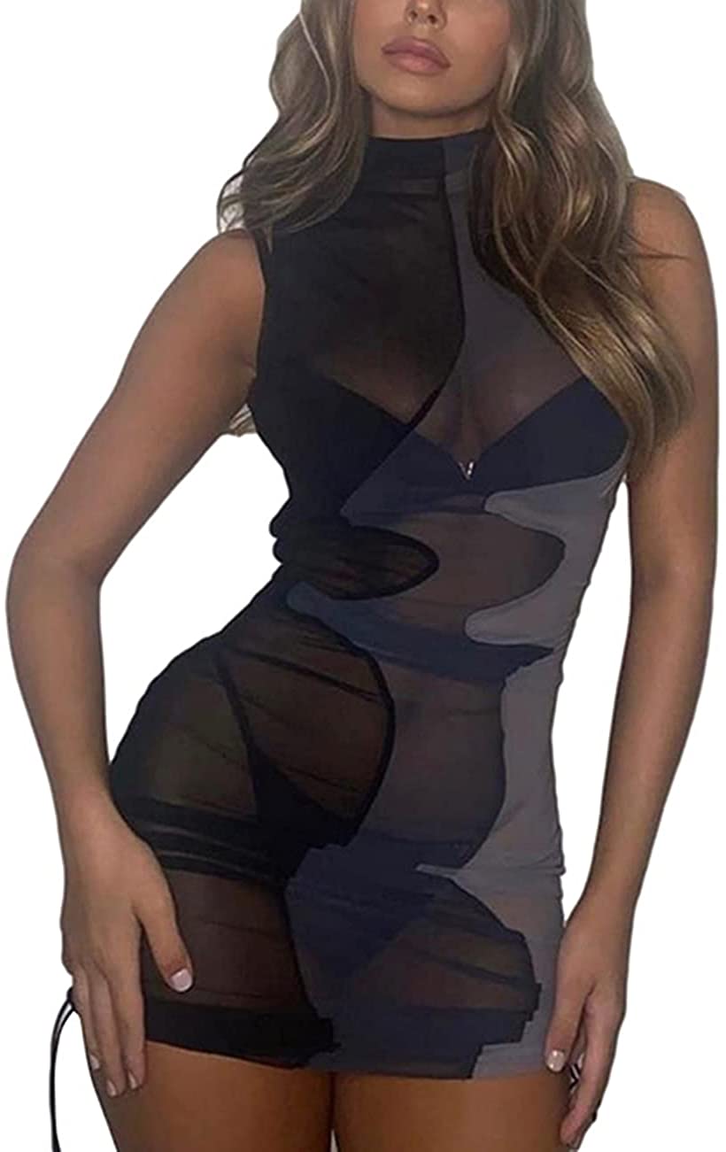 Price:$16.89 Women's Mock Neck Mesh See Through Bodycon Sleeveless Ruched Mini Dress at Amazon Women’s Clothing store