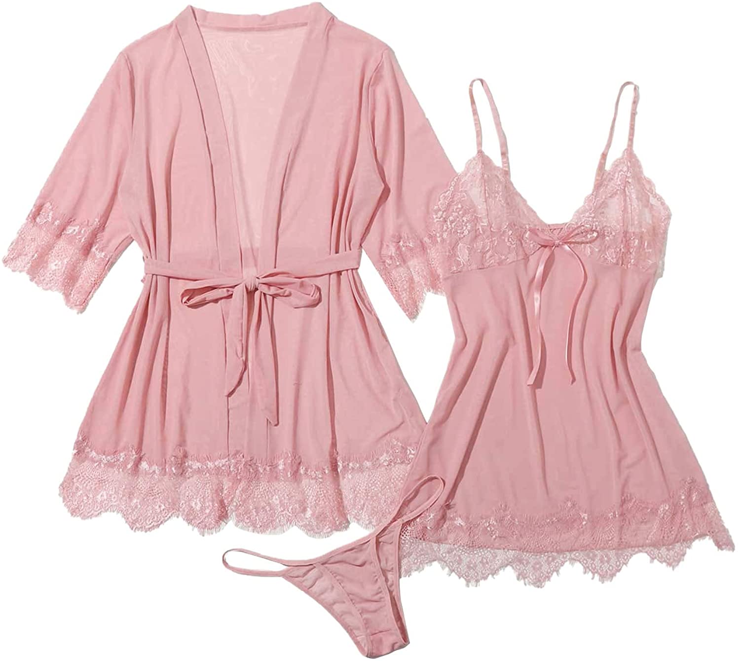 Price:$18.99 Women's 3 Piece Sheer Lace Robe and Babydoll Lingerie with Thong Pajama Set at Amazon Women’s Clothing store