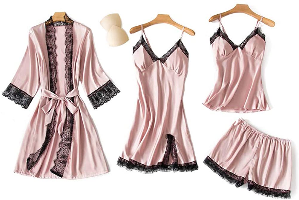 Price:$25.63 Women's 4pcs Silk Satin Pajama Set Cami Top Nightgown Lace Sleepwear Robe Sets Sexy Nightdress with Chest Pads at Amazon Women’s Clothing store