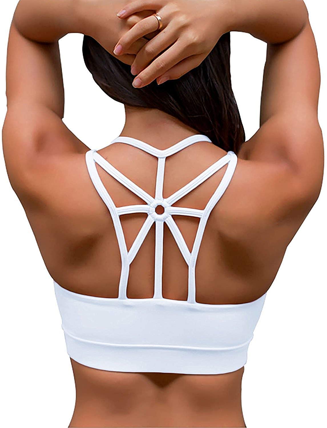 Price:$16.99 Sports Bras for Women Cross Back Padded Sports Bra Medium Support Workout Running Yoga Bra at Amazon Women’s Clothing store