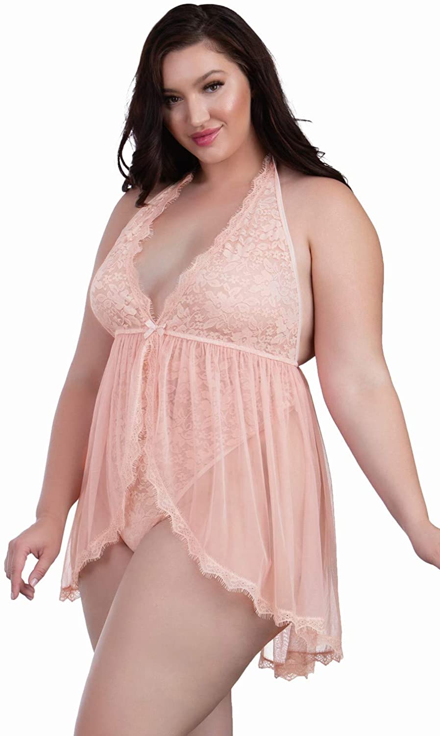 Price:$31.00 Women's Plus Halter Plunge Lace Teddy with Flyaway Skirt, Pink Champagne, One Size-Queen: Clothing, Shoes & Jewelry