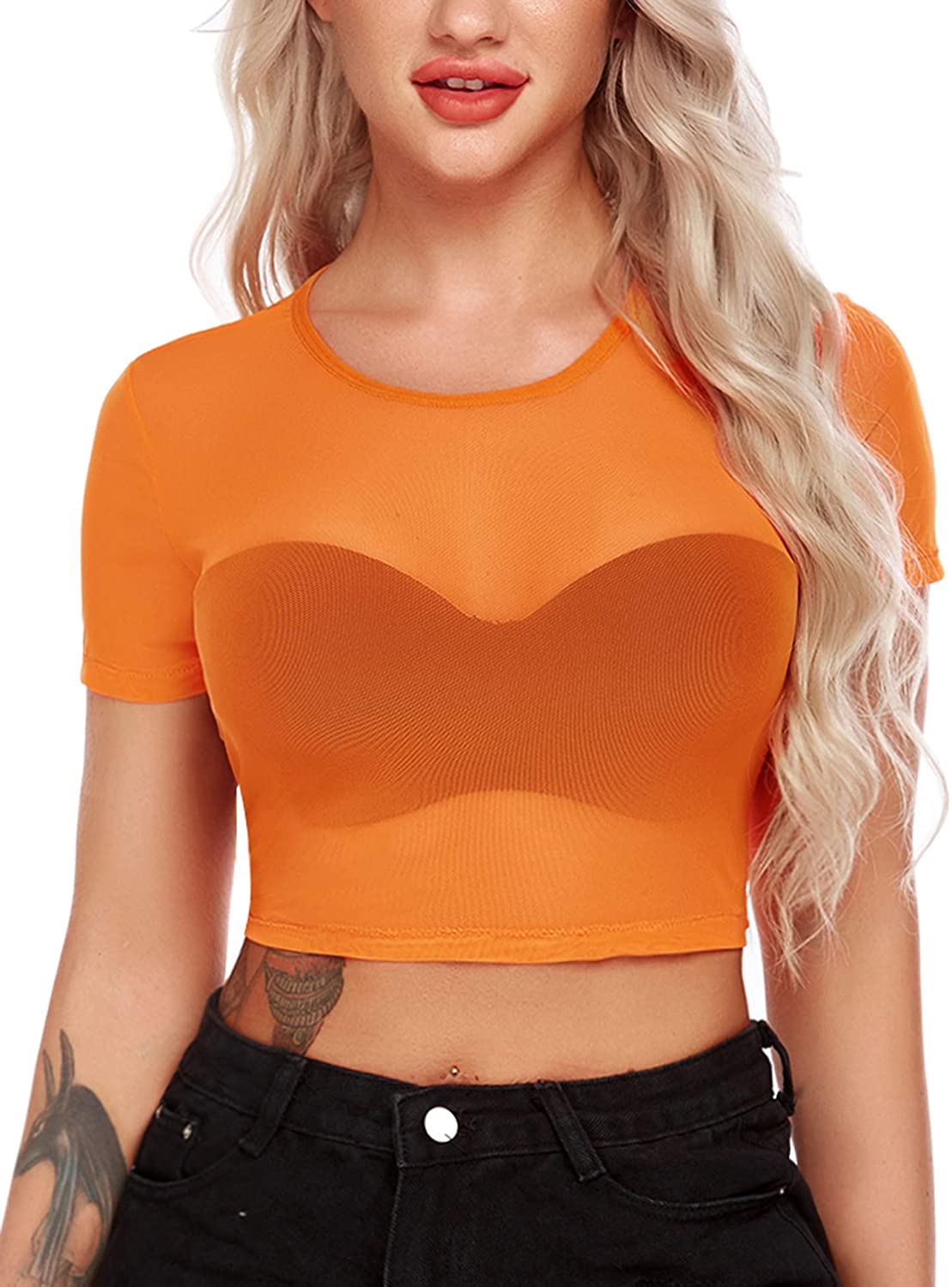 Price:$11.99 Mesh Crop Top for Women Short Sleeve Bodycon Tees See Through Blouse O Neck Clubwear at Amazon Women’s Clothing store