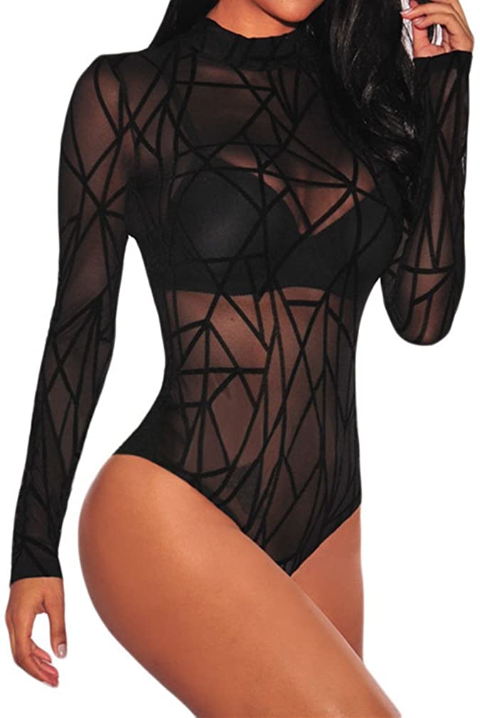 Price:$13.99 Women's Sexy Sheer Mesh Geometric Velvet Long Sleeve Bodysuit at Amazon Women’s Clothing store