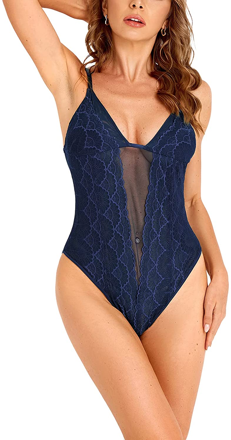 Price:$17.99 Women One Piece Mesh Sexy Snap Crotch Lingerie Deep V Neck Lace Bodysuit at Amazon Women’s Clothing store