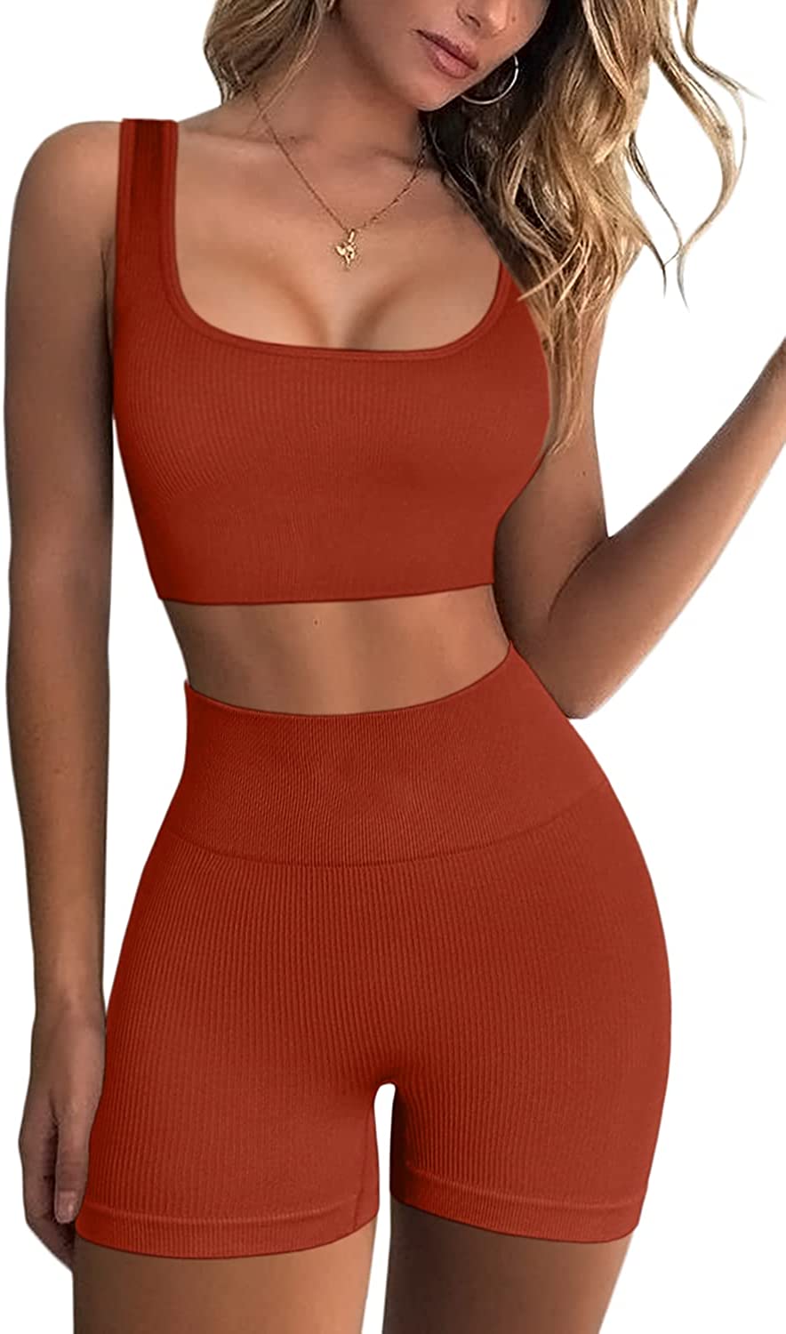 Price:$26.99 Workout Sets for Women 2 Piece Seamless Ribbed Crop Tank High Waist Shorts Yoga Outfits at Amazon Women’s Clothing store