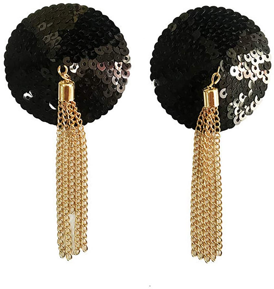 Price:$7.99 Sequin Lingerie Breast Bra Stickers Nipple Covers with Gold Metal Tassel at Amazon Women’s Clothing store