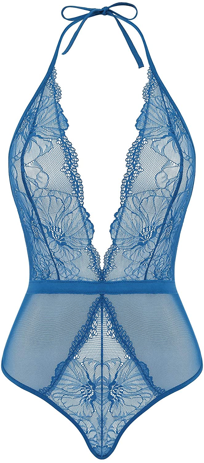 Price:$16.99 Womens Halter Plunge Lace Teddy Lingerie Snap Croth Thong Bodysuit at Amazon Women’s Clothing store
