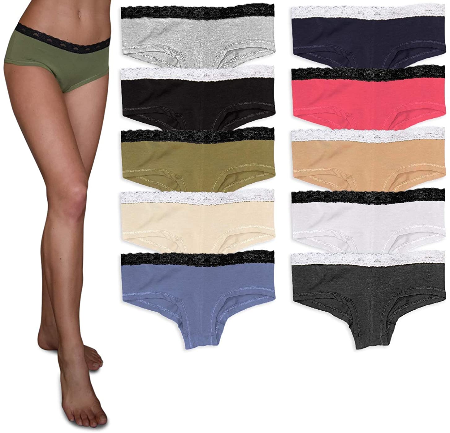 Price:$16.99 Basics Womens Lace Underwear Boyshort -Boyleg Panties Cotton-Spandex/Ultra-Soft Cotton Stretch Underwear- 10 Pack Colors at Amazon Women’s Clothing store