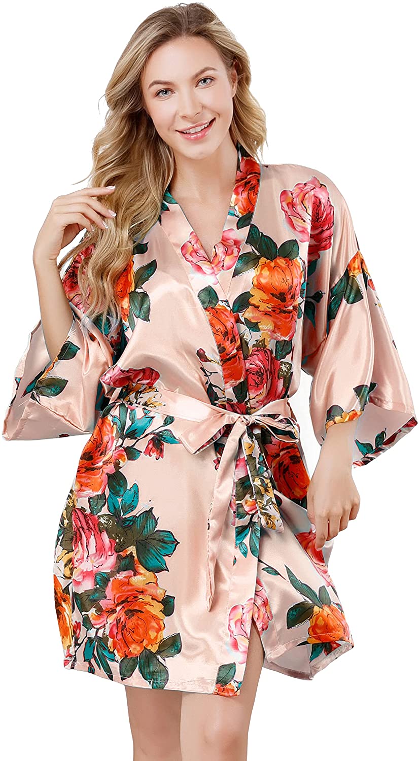 Price:$10.99 Robes for Women Bridesmaid Bride Bridal Party Wedding Short Sexy Peony Patterns Kimono Soft Lounge Robe Sleepwear at Amazon Women’s Clothing store