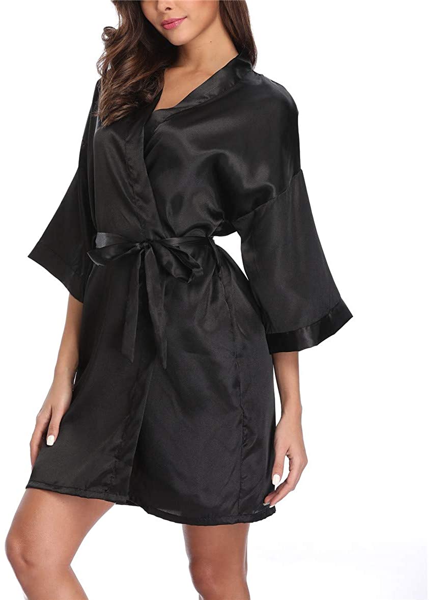 Price:$10.99 Satin Kimono Robes Bridesmaid Wedding Robes Silky Bathrobes Summer Loungewear at Amazon Women’s Clothing store