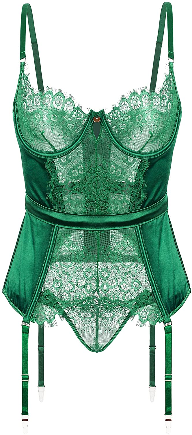 Price:$15.99 Women's Lingerie Bustier Corset Girdle Eyelash Lace Teddy Bodysuit Lingerie Set with Garter Belt at Amazon Women’s Clothing store