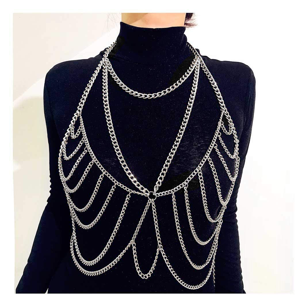 Price:$9.66 Punk Layered Body Chains Sexy Beach Crossover Chest Chain Fashion Harness Charm Body Accessories Jewelry for Women and Girls(Silver) : Clothing, Shoes & Jewelry
