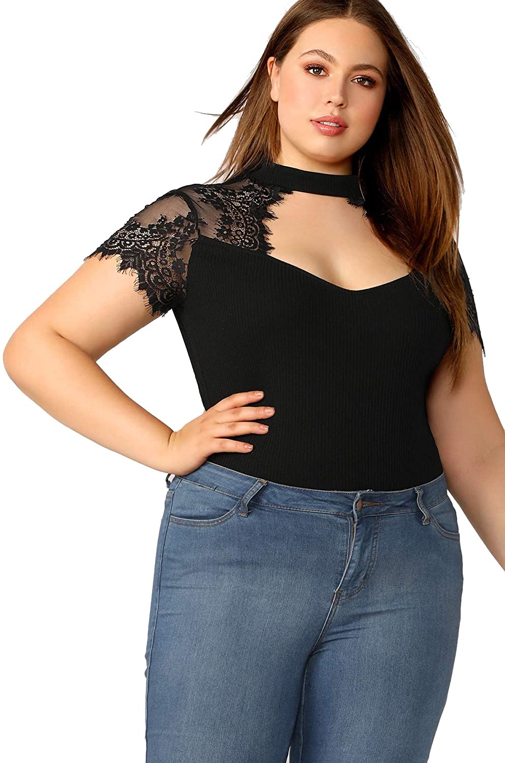 Price:$17.99 Women's Plus Size Chocker Lace Short Sleeve Deep Sweetheart Neck Slim Skinny Blouse Tops Shirt at Amazon Women’s Clothing store