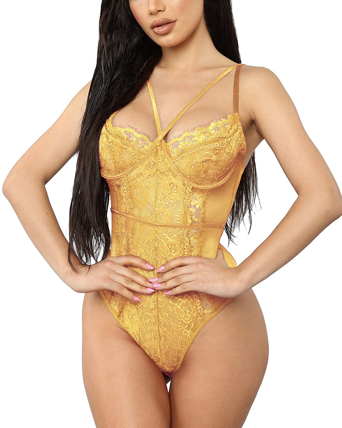 Price:$12.99 Sexy Eyelash Lace Backless Bodysuit, Deep V Hollow Out One Piece Teddy See Through Lingerie Underwear at Amazon Women’s Clothing store