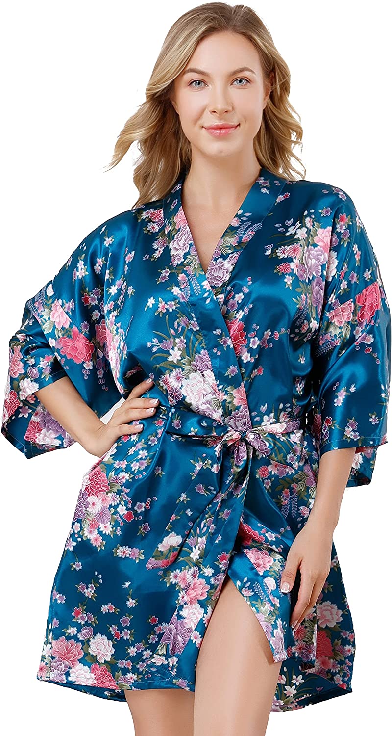 Price:$10.99 Robes for Women Bridesmaid Bride Bridal Party Wedding Short Sexy Floral Kimono Soft Lightweight Lounge Robe Sleepwear at Amazon Women’s Clothing store