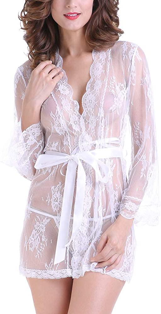 Price:$19.99 Floral Lace Baby Dolls Kimono Robe for Women Sheer Mesh Nightgown Lingerie Set Sexy Negligees at Amazon Women’s Clothing store