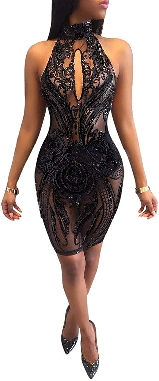 Price:$22.98 Women's Sexy Halter Backless See Through Sequins Floral Club Bodycon Mini Dress … : Clothing, Shoes & Jewelry
