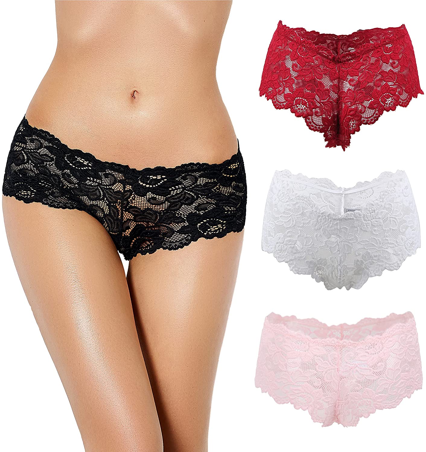 Price:$20.99 Underwear Sexy 4 Pack Cheeky Panties Plus Size Brief Knickers Tangas Stretch Floral Lace Bikini Underwear at Amazon Women’s Clothing store