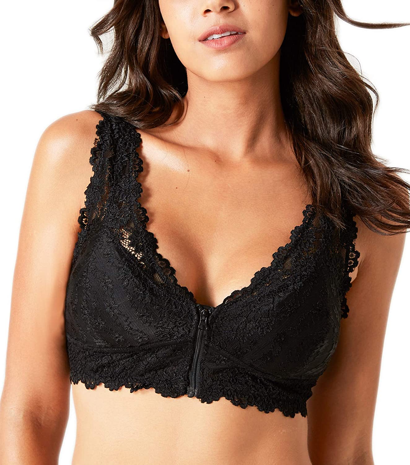 Price:$16.99 Floral Lace Bralette for Women, Zipper Wireless Bra Lingerie with Removable Padded Halter Crop Top at Amazon Women’s Clothing store